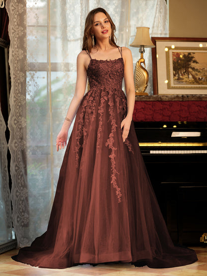 Forme Princesse Tulle Bretelles spaghetti Appliqué Longue Robes de bal