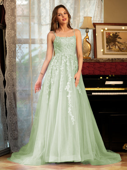 Forme Princesse Tulle Bretelles spaghetti Appliqué Longue Robes de bal