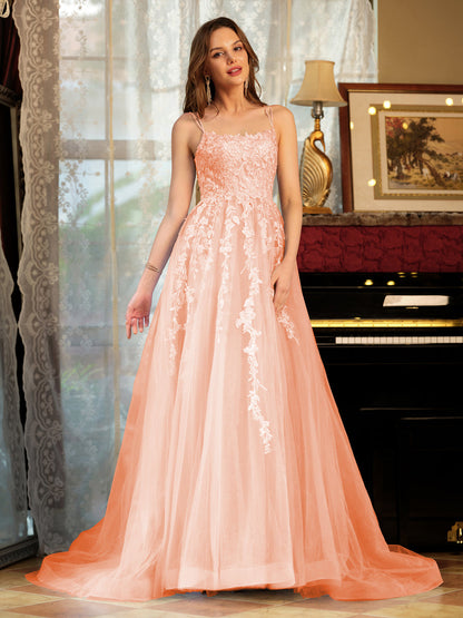 Forme Princesse Tulle Bretelles spaghetti Appliqué Longue Robes de bal