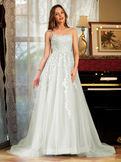 Forme Princesse Tulle Bretelles spaghetti Appliqué Longue Robes de bal