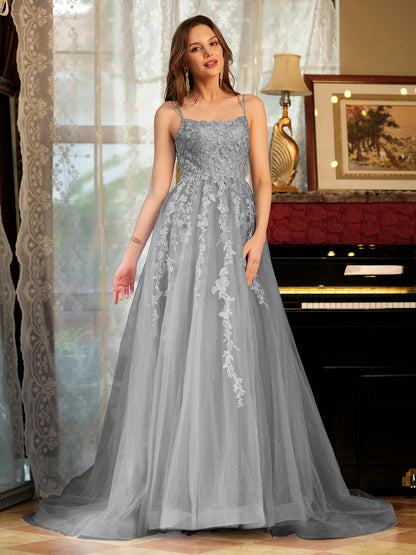 Forme Princesse Tulle Bretelles spaghetti Appliqué Longue Robes de bal