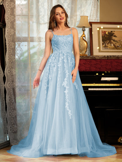 Forme Princesse Tulle Bretelles spaghetti Appliqué Longue Robes de bal