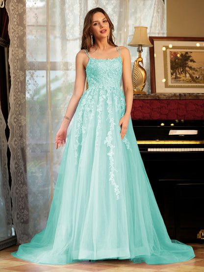 Forme Princesse Tulle Bretelles spaghetti Appliqué Longue Robes de bal
