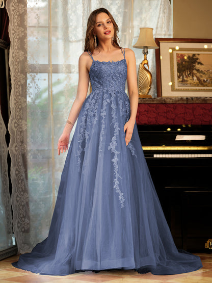 Forme Princesse Tulle Bretelles spaghetti Appliqué Longue Robes de bal