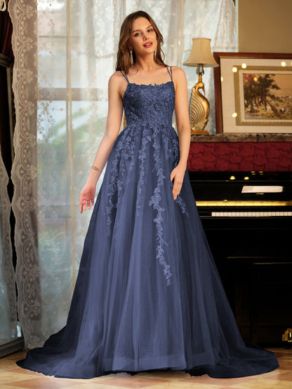 Forme Princesse Tulle Bretelles spaghetti Appliqué Longue Robes de bal