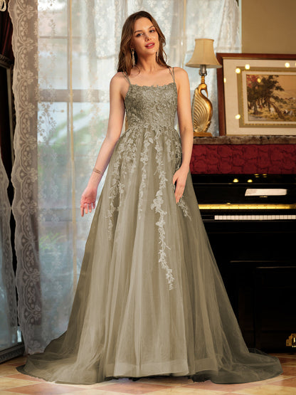 Forme Princesse Tulle Bretelles spaghetti Appliqué Longue Robes de bal