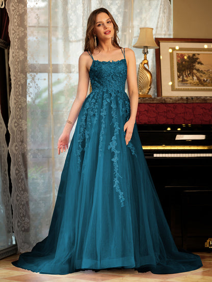 Forme Princesse Tulle Bretelles spaghetti Appliqué Longue Robes de bal