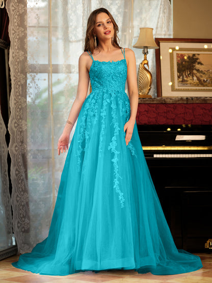 Forme Princesse Tulle Bretelles spaghetti Appliqué Longue Robes de bal