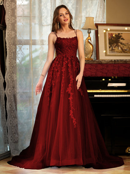 Forme Princesse Tulle Bretelles spaghetti Appliqué Longue Robes de bal