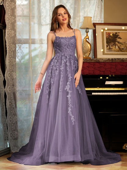 Forme Princesse Tulle Bretelles spaghetti Appliqué Longue Robes de bal
