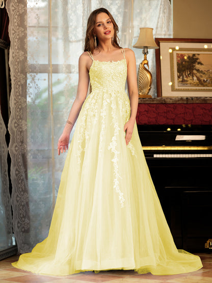 Forme Princesse Tulle Bretelles spaghetti Appliqué Longue Robes de bal