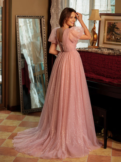 Forme Princesse Col V Fendu sur le côté Longue Robes de bal avec Noeud papillon