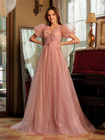 Forme Princesse Col V Fendu sur le côté Longue Robes de bal avec Noeud papillon