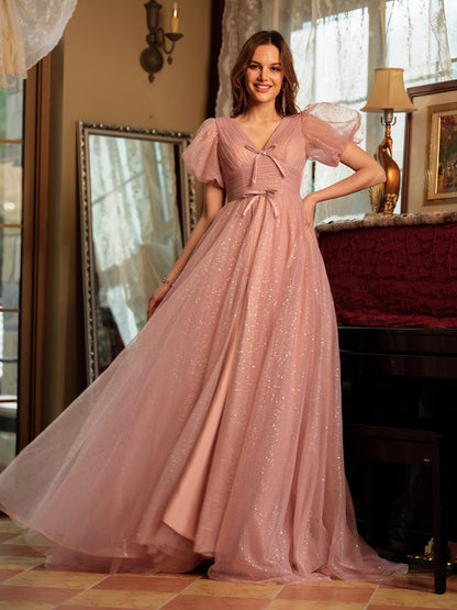 Forme Princesse Col V Fendu sur le côté Longue Robes de bal avec Noeud papillon