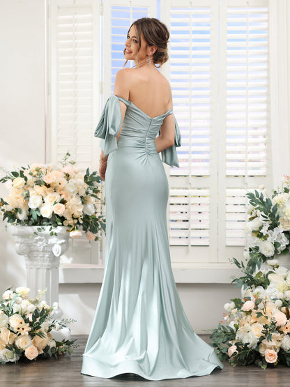 Robes de bal sirène en satin de soie, épaules dénudées, sans manches, fendues sur le côté