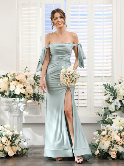 Robes de bal sirène en satin de soie, épaules dénudées, sans manches, fendues sur le côté
