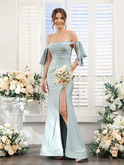 Robes de bal sirène en satin de soie, épaules dénudées, sans manches, fendues sur le côté