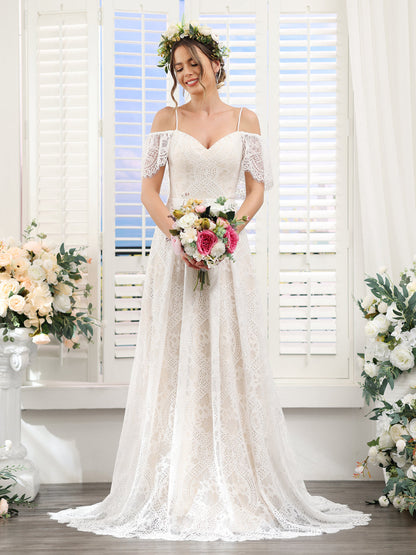 A-ligne Bretelles Spaghetti Manches Courtes Robes De Mariée Longues En Dentelle