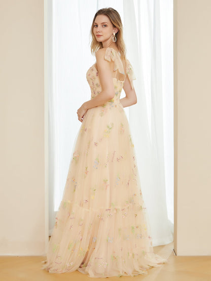 Robes de bal longues brodées en tulle rétro trapèze avec bretelles spaghetti