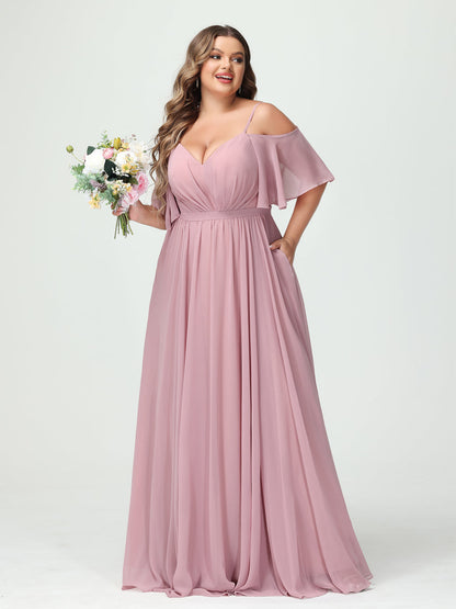 Forme Princesse Bretelles spaghetti Demi manches Mousseline Grande taille Robes de demoiselle d'honneur avec poches