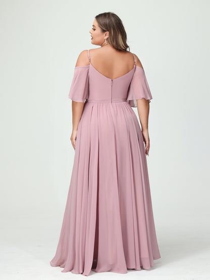 Forme Princesse Bretelles spaghetti Demi manches Mousseline Grande taille Robes de demoiselle d'honneur avec poches