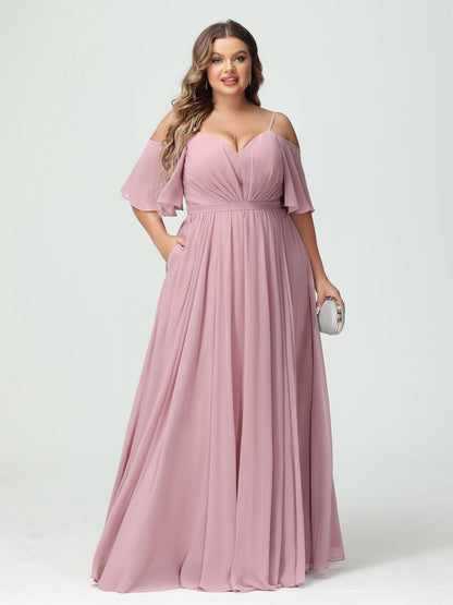 Forme Princesse Bretelles spaghetti Demi manches Mousseline Grande taille Robes de demoiselle d'honneur avec poches