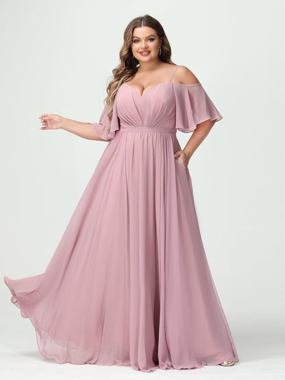 Forme Princesse Bretelles spaghetti Demi manches Mousseline Grande taille Robes de demoiselle d'honneur avec poches