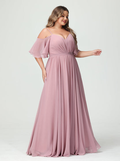 Forme Princesse Bretelles spaghetti Demi manches Mousseline Grande taille Robes de demoiselle d'honneur avec poches