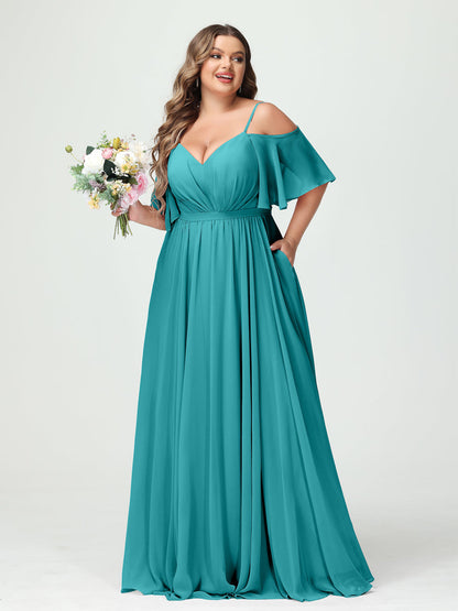 Forme Princesse Bretelles spaghetti Demi manches Mousseline Grande taille Robes de demoiselle d'honneur avec poches