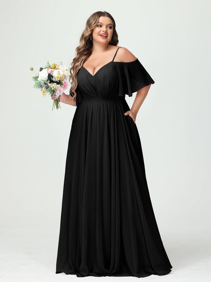 Forme Princesse Bretelles spaghetti Demi manches Mousseline Grande taille Robes de demoiselle d'honneur avec poches