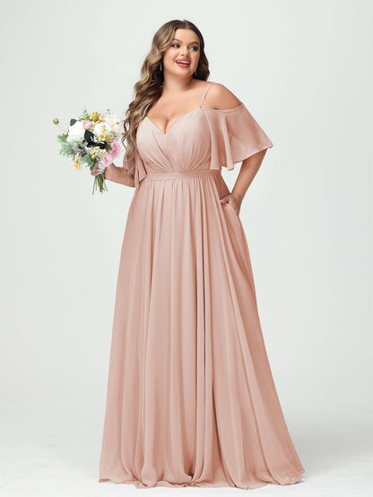 Forme Princesse Bretelles spaghetti Demi manches Mousseline Grande taille Robes de demoiselle d'honneur avec poches