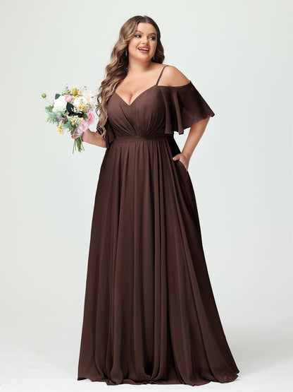 Forme Princesse Bretelles spaghetti Demi manches Mousseline Grande taille Robes de demoiselle d'honneur avec poches