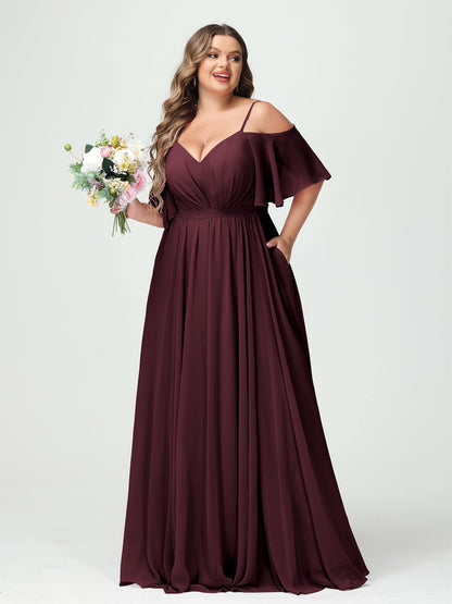 Forme Princesse Bretelles spaghetti Demi manches Mousseline Grande taille Robes de demoiselle d'honneur avec poches