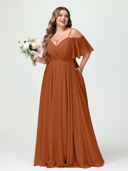 Forme Princesse Bretelles spaghetti Demi manches Mousseline Grande taille Robes de demoiselle d'honneur avec poches