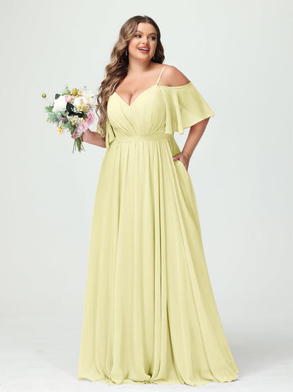 Forme Princesse Bretelles spaghetti Demi manches Mousseline Grande taille Robes de demoiselle d'honneur avec poches