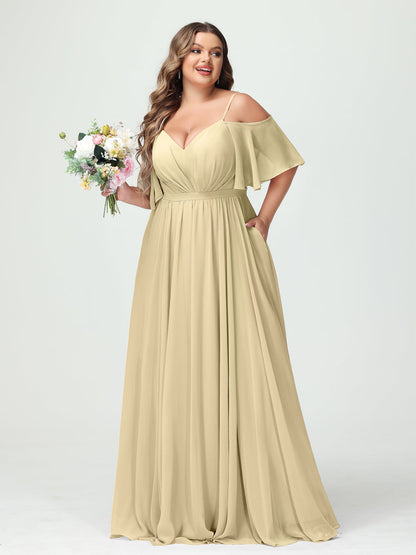 Forme Princesse Bretelles spaghetti Demi manches Mousseline Grande taille Robes de demoiselle d'honneur avec poches