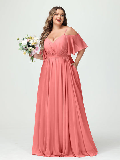Forme Princesse Bretelles spaghetti Demi manches Mousseline Grande taille Robes de demoiselle d'honneur avec poches
