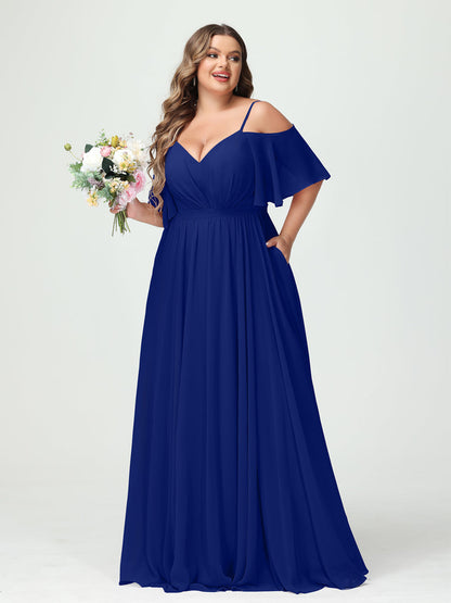 Forme Princesse Bretelles spaghetti Demi manches Mousseline Grande taille Robes de demoiselle d'honneur avec poches
