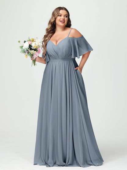 Forme Princesse Bretelles spaghetti Demi manches Mousseline Grande taille Robes de demoiselle d'honneur avec poches