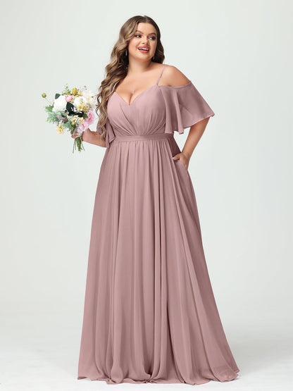 Forme Princesse Bretelles spaghetti Demi manches Mousseline Grande taille Robes de demoiselle d'honneur avec poches