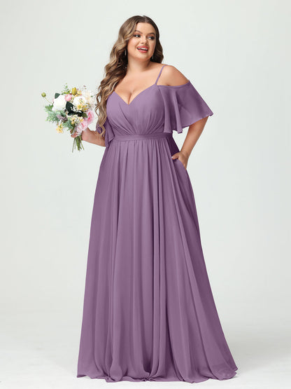 Forme Princesse Bretelles spaghetti Demi manches Mousseline Grande taille Robes de demoiselle d'honneur avec poches