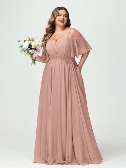Forme Princesse Bretelles spaghetti Demi manches Mousseline Grande taille Robes de demoiselle d'honneur avec poches