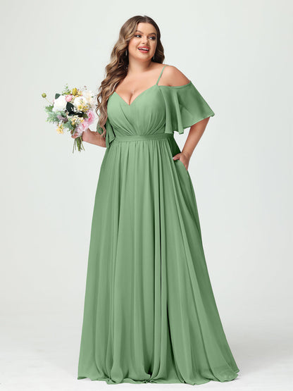 Forme Princesse Bretelles spaghetti Demi manches Mousseline Grande taille Robes de demoiselle d'honneur avec poches