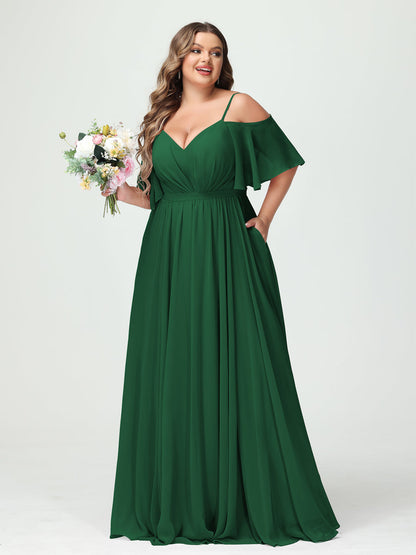 Forme Princesse Bretelles spaghetti Demi manches Mousseline Grande taille Robes de demoiselle d'honneur avec poches