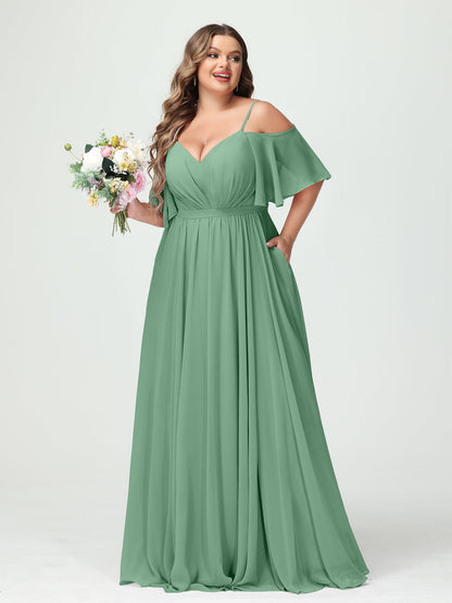 Forme Princesse Bretelles spaghetti Demi manches Mousseline Grande taille Robes de demoiselle d'honneur avec poches