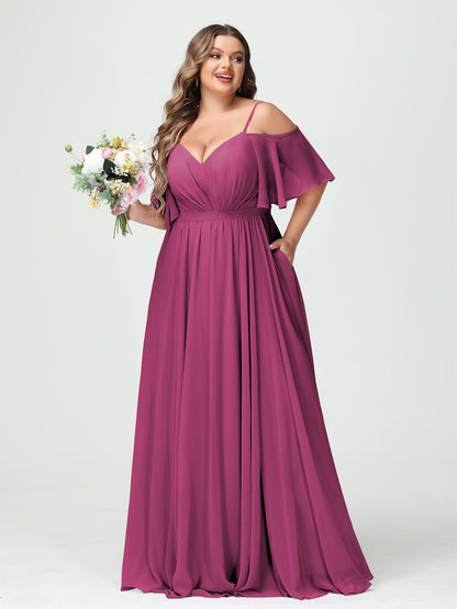 Forme Princesse Bretelles spaghetti Demi manches Mousseline Grande taille Robes de demoiselle d'honneur avec poches