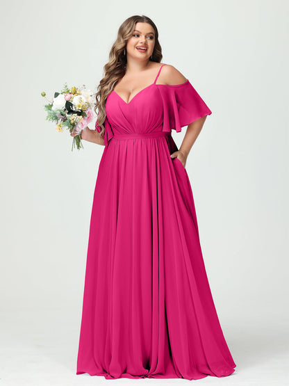 Forme Princesse Bretelles spaghetti Demi manches Mousseline Grande taille Robes de demoiselle d'honneur avec poches