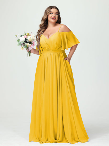 Forme Princesse Bretelles spaghetti Demi manches Mousseline Grande taille Robes de demoiselle d'honneur avec poches