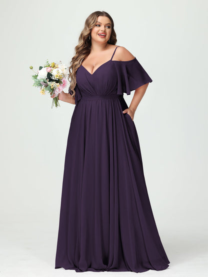 Forme Princesse Bretelles spaghetti Demi manches Mousseline Grande taille Robes de demoiselle d'honneur avec poches