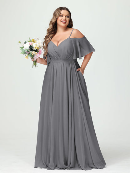 Forme Princesse Bretelles spaghetti Demi manches Mousseline Grande taille Robes de demoiselle d'honneur avec poches